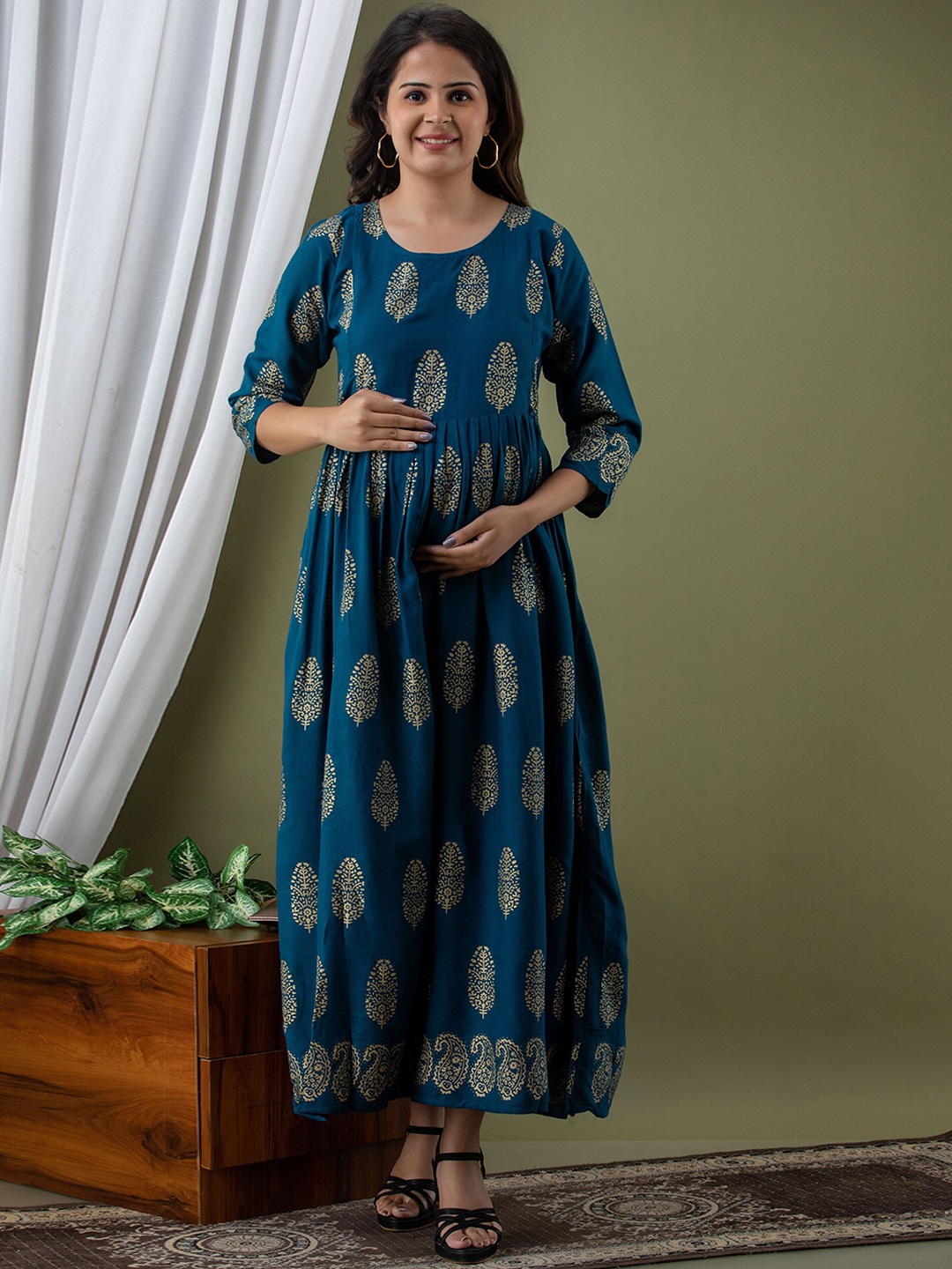 

Mialo fashion Women Floral Printed Maternity Empire Maxi Ethnic Dresses, Teal