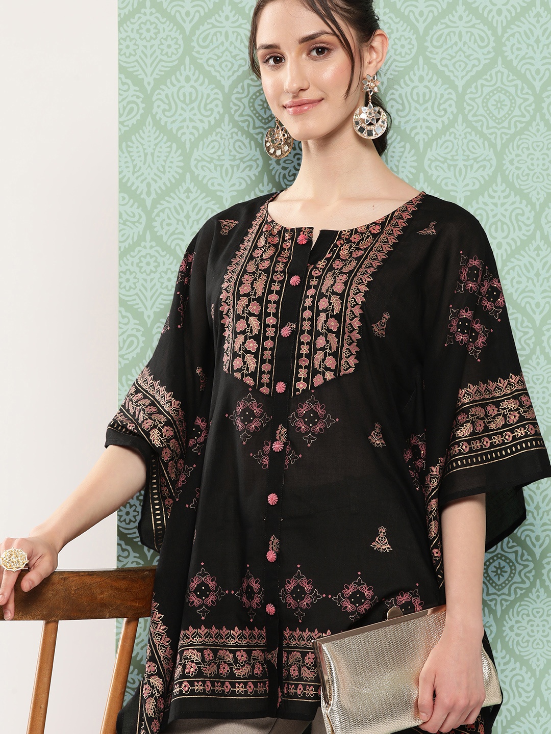 

Yufta Printed Kimono Sleeve Ethnic Kaftan Top, Black