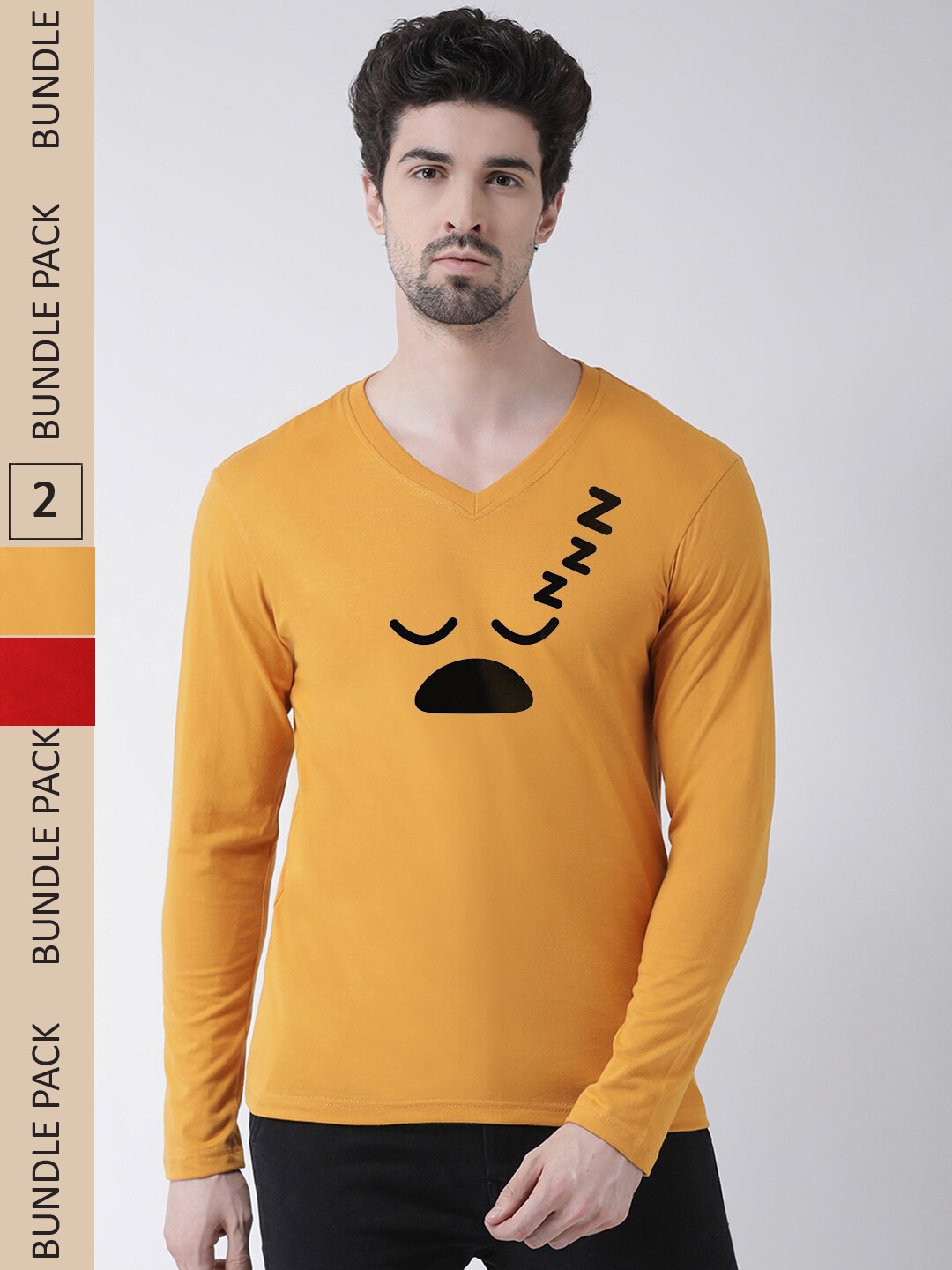

Friskers Pack Of 2 Printed V-Neck Long Sleeves Cotton T-shirt, Yellow