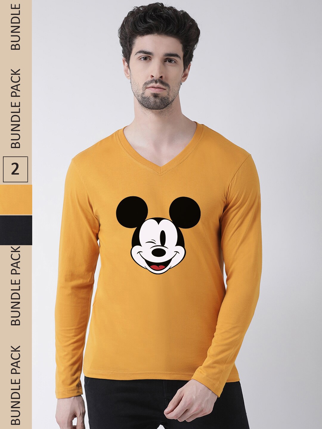 

Friskers Pack Of 2 Printed V-Neck Slim Fit Pure Cotton T-shirts, Mustard