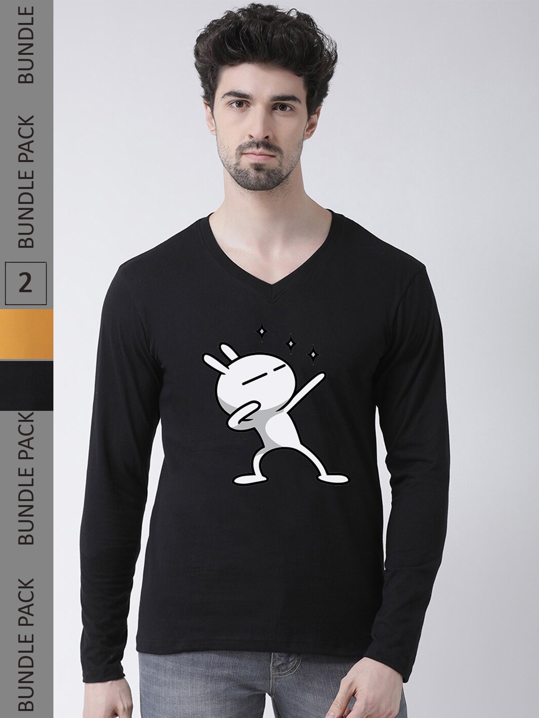 

Friskers Pack Of 2 Printed V-Neck Long Sleeve Pure Cotton Slim Fit T-shirts, Black