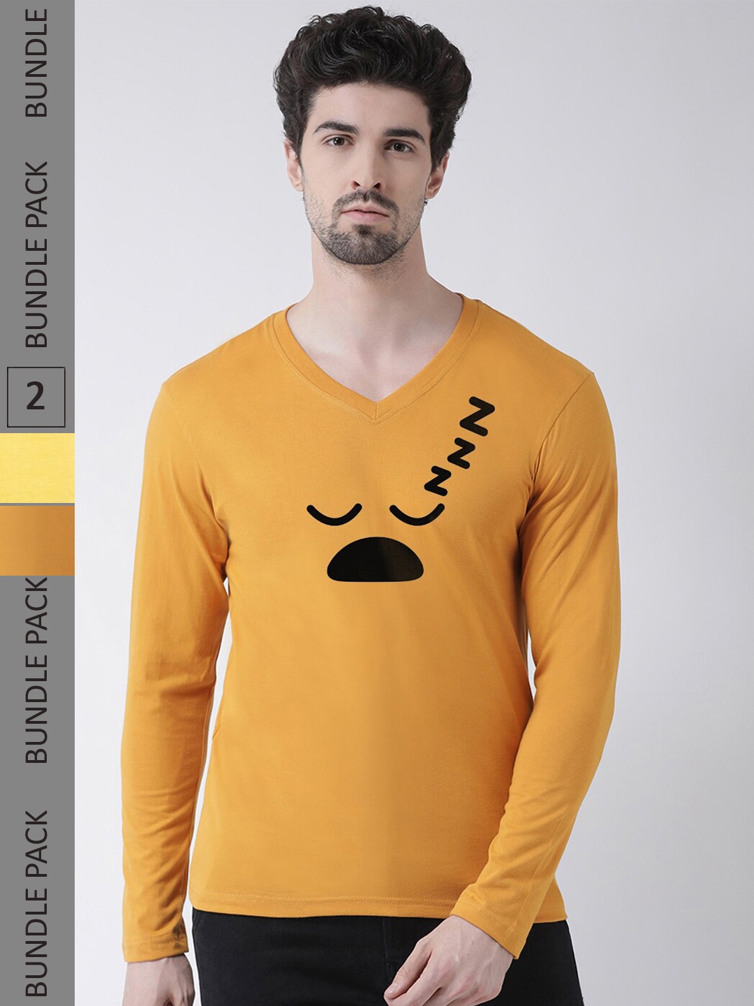 

Friskers Pack Of 2 Graphic Printed V-Neck Long Sleeve Pure Cotton Slim Fit T-shirts, Mustard