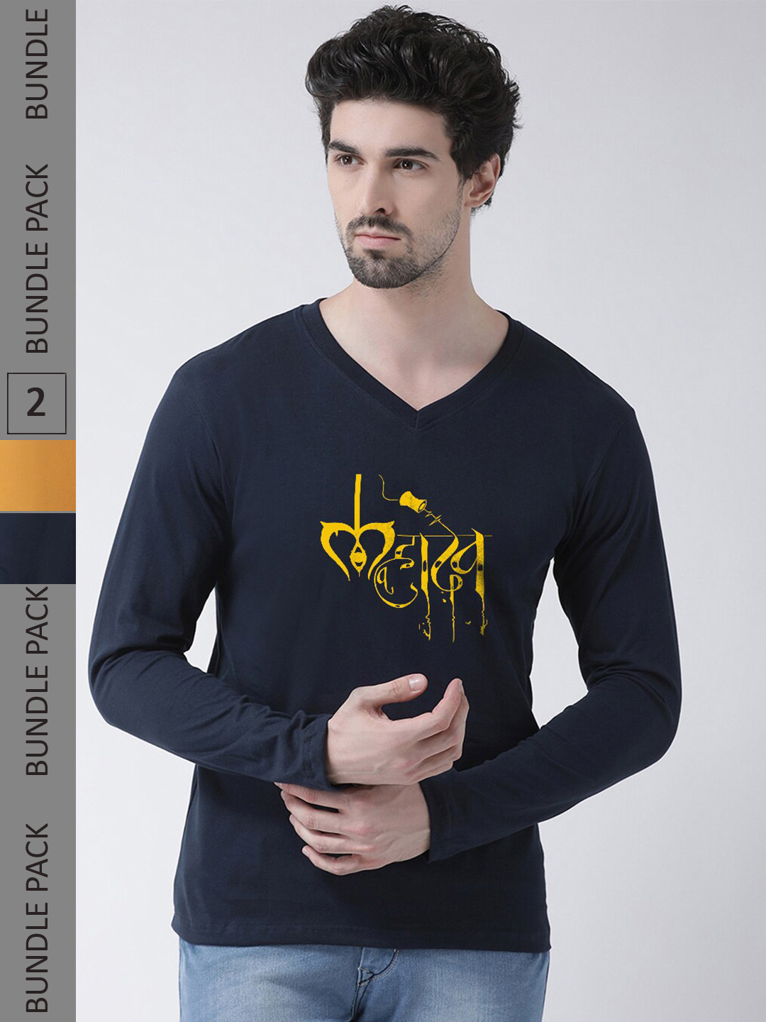 

Friskers Pack Of 2 Printed V-Neck Slim Fit Pure Cotton T-shirts, Navy blue