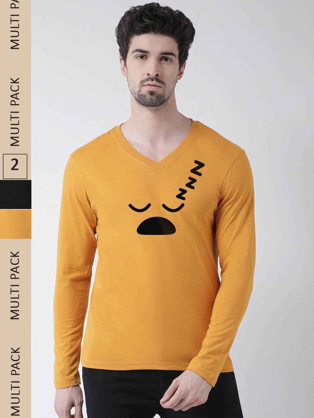 

Friskers Pack Of 2 Graphic Printed Long Sleeves V-Neck Slim Fit Pure Cotton T-shirts, Mustard