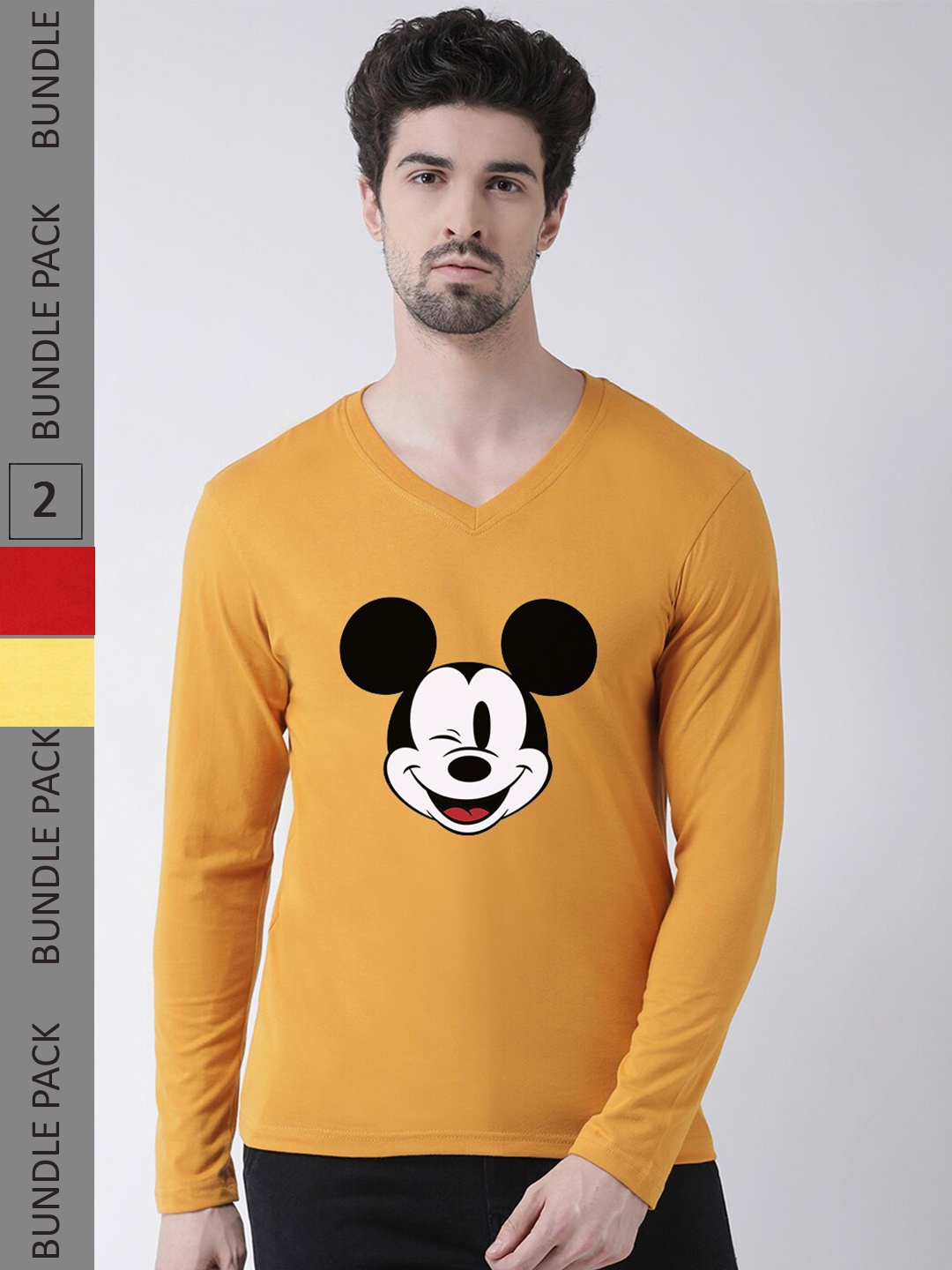 

Friskers Pack Of 2 Mickey Mouse Printed V-Neck Long Sleeves T-shirt, Yellow