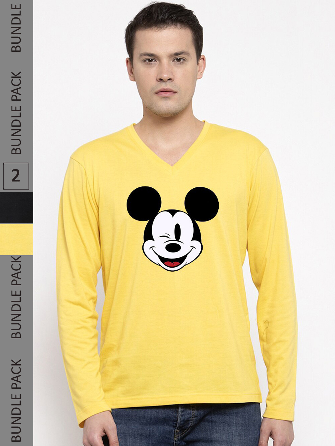 

Friskers Pack Of 2 Mickey Mouse Printed V-Neck Long Sleeves T-shirt, Yellow