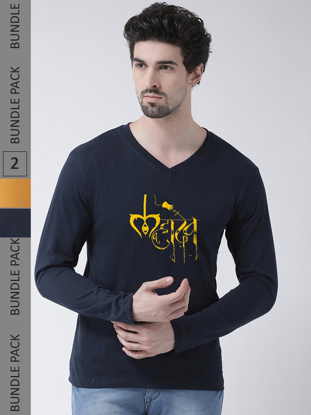 Friskers Pack Of 2 Typography Printed V-Neck Pure Cotton T-shirts, Navy blue