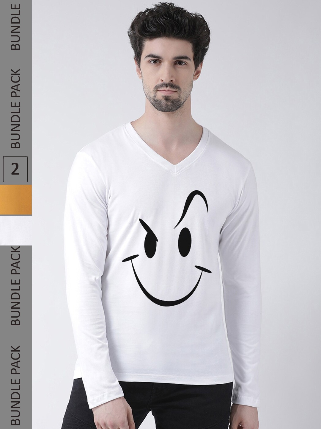 

Friskers Pack Of 2 Graphic Printed V-Neck Long Sleeves Pure Cotton T-shirt, Yellow