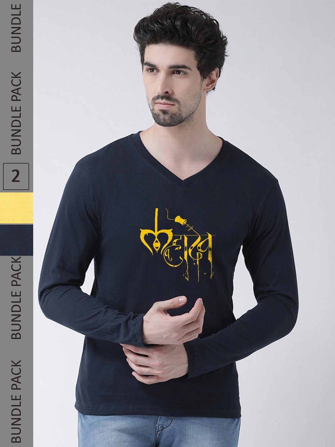 

Friskers Pack of 2 Graphic Printed V-Neck Pure Cotton T-shirts, Navy blue