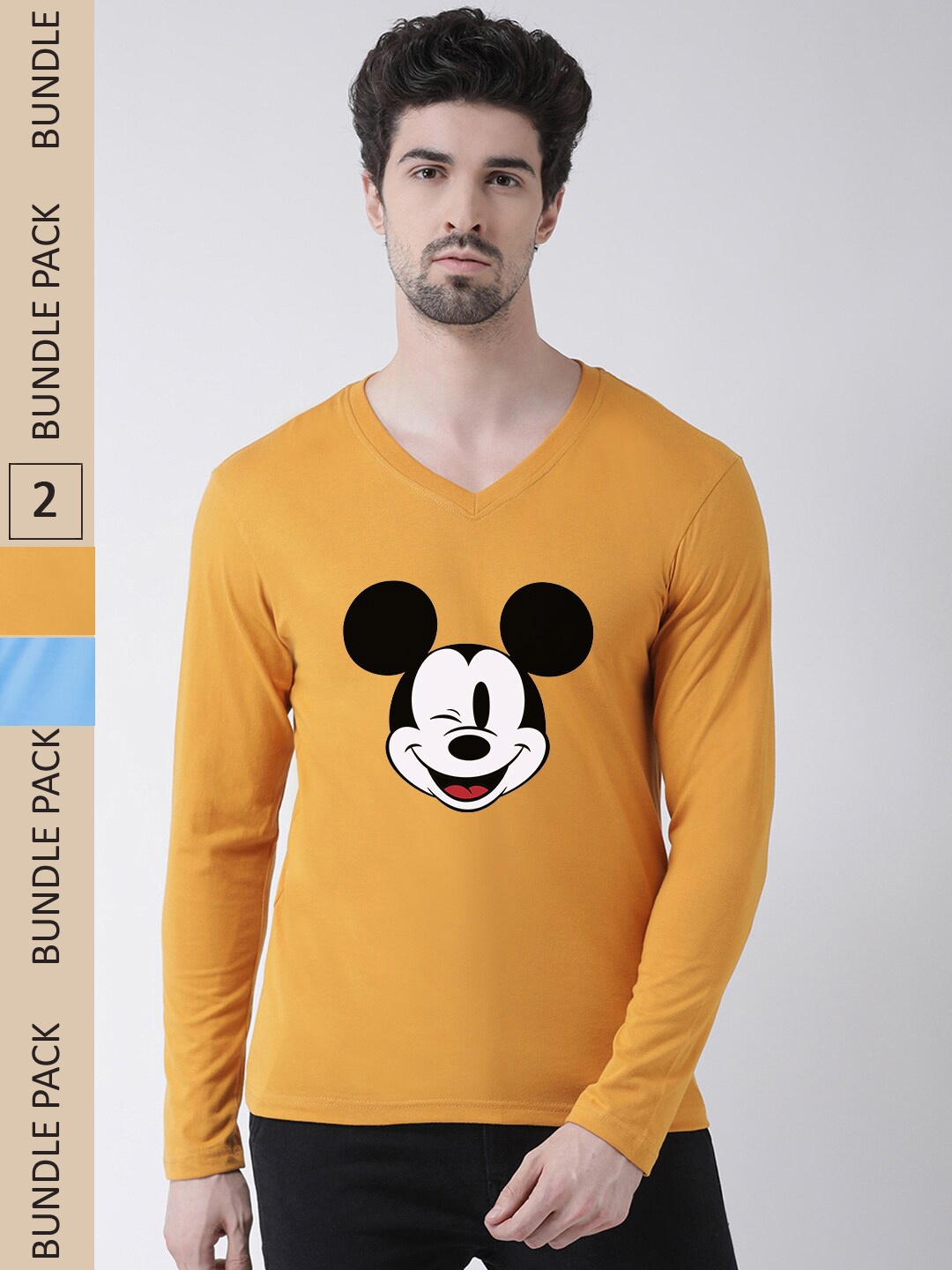 

Friskers Humour And Comic Mickey Mouse Printed Pack Of 2 Slim Fit Pure Cotton T-Shirts, Gold