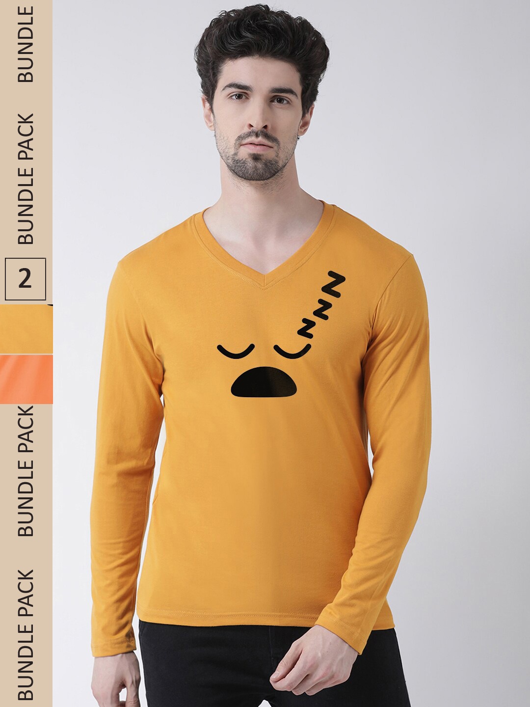 

Friskers Pack Of 2 Graphic Printed V-Neck Pure Cotton T-shirt, Mustard