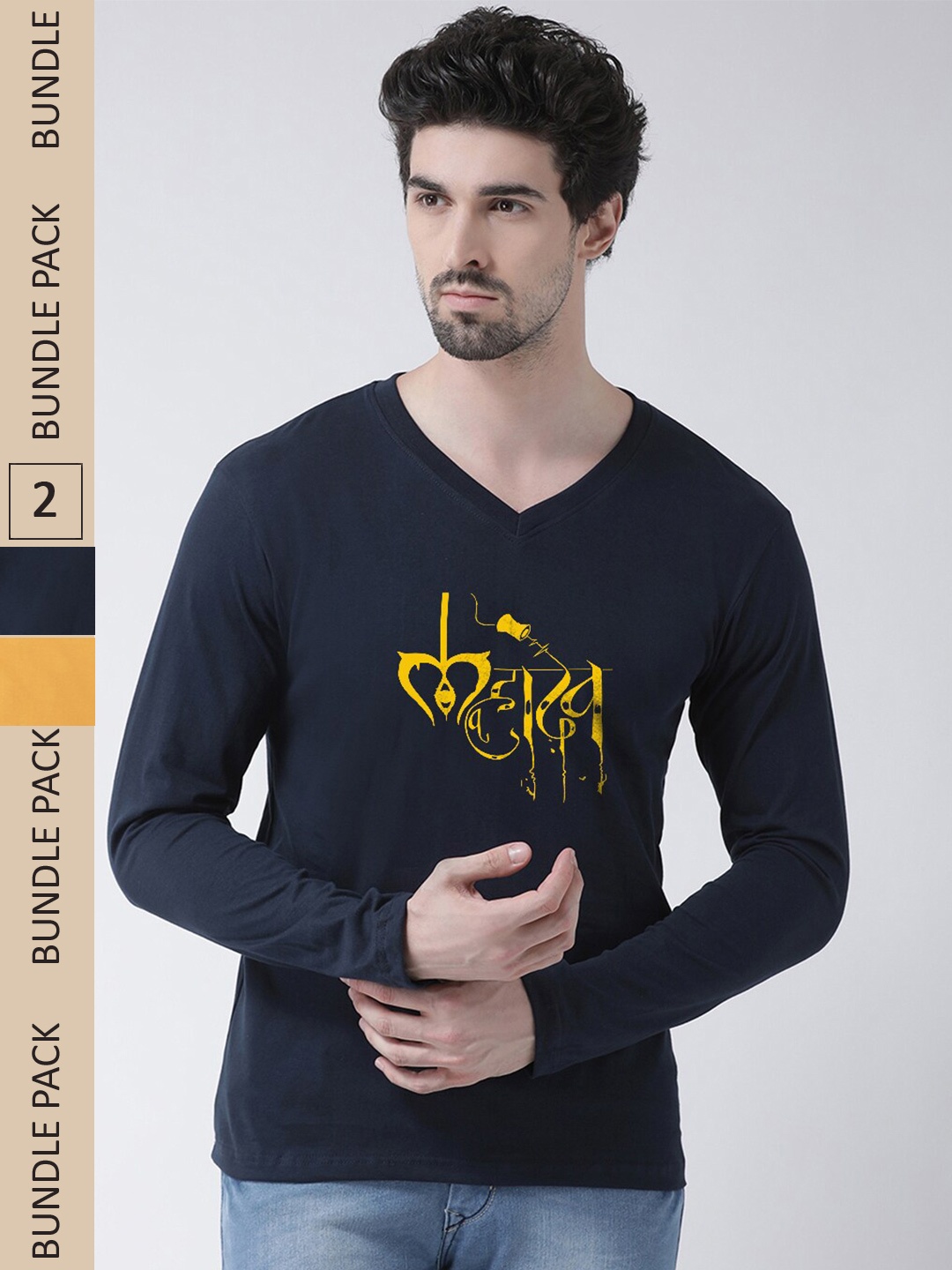 

Friskers Pack Of 2 Printed V-Neck Long Sleeves Cotton T-shirt, Navy blue