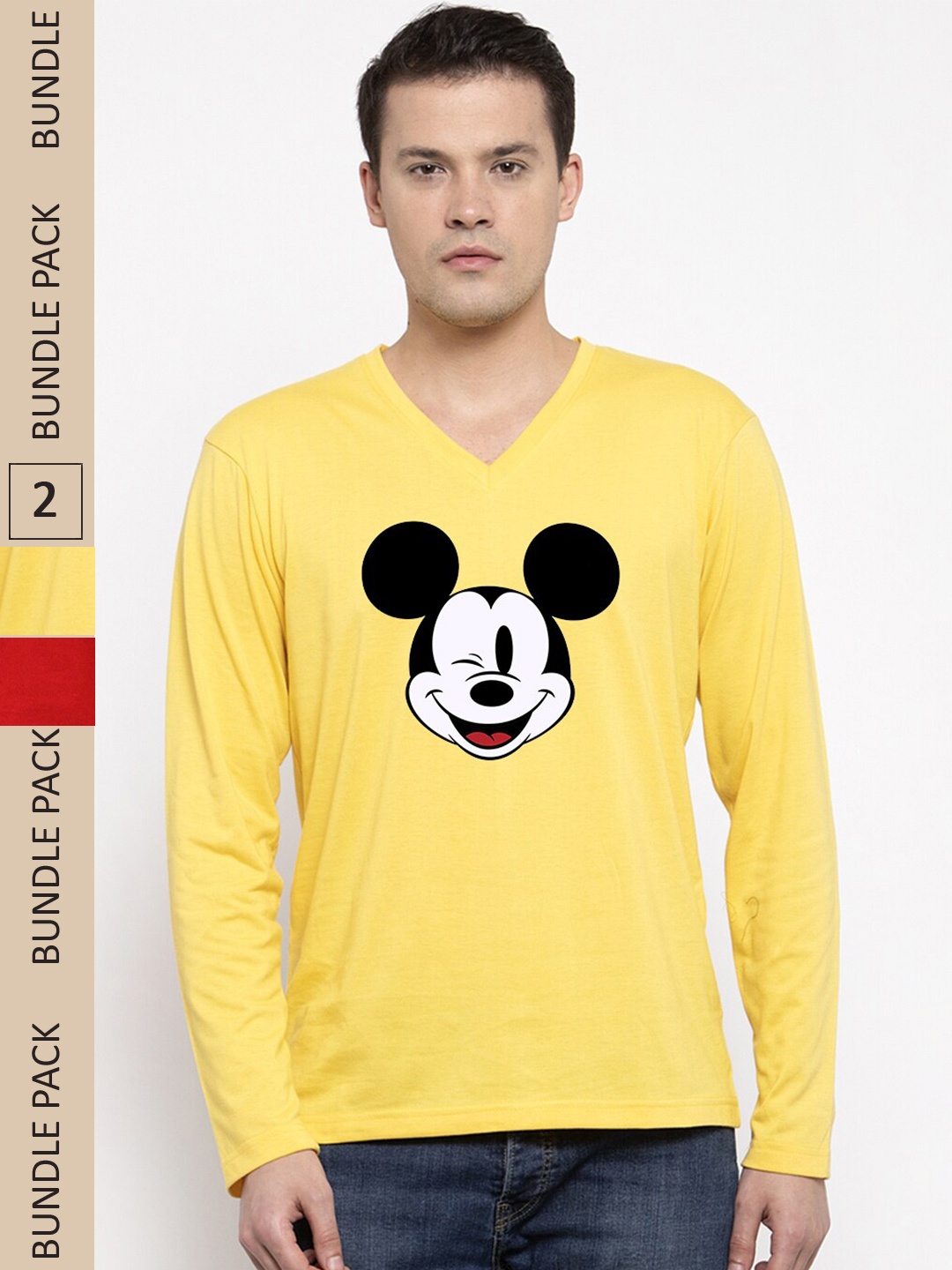 

Friskers Pack Of 2 Mickey Mouse Printed V-Neck Long Sleeves Cotton T-shirt, Yellow