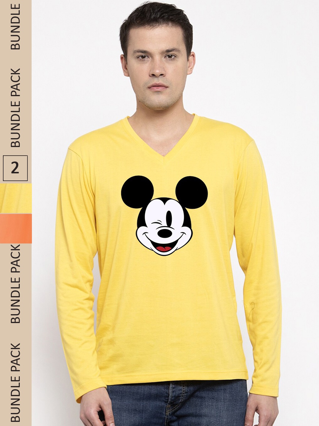 

Friskers Pack Of 2 Mickey Mouse Printed V-Neck Pure Cotton T-shirt, Yellow