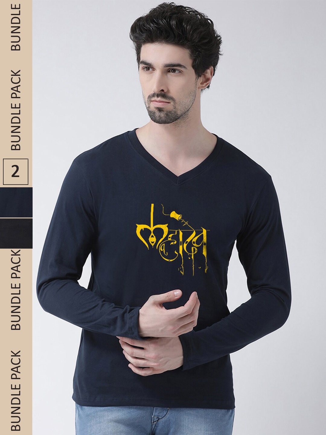 

Friskers Pack Of 2 Typography Printed Long Sleeves V-Neck Slim Fit Pure Cotton T-shirts, Navy blue