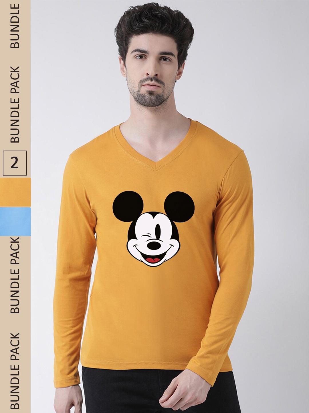 

Friskers Humour And Comic Mickey Mouse Printed Pack Of 2 Slim Fit Pure Cotton T-Shirts, Gold