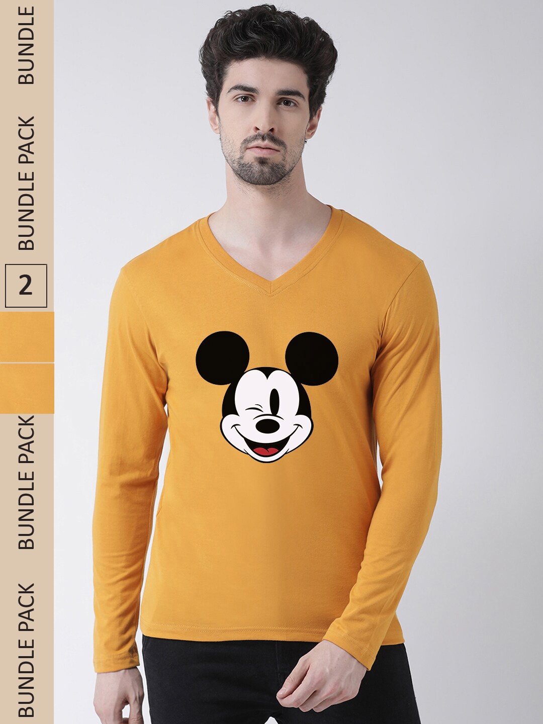 

Friskers Pack Of 2 Mickey Mouse Printed V-Neck Pure Cotton T-shirt, Mustard