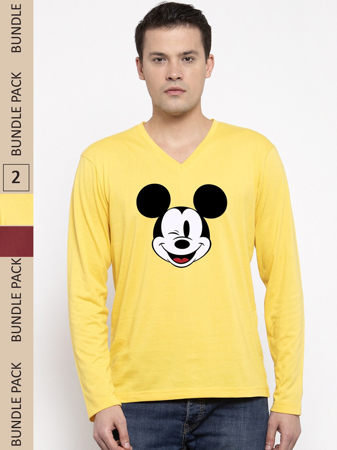 

Friskers Pack Of 2 Micky Mouse Printed V-Neck Long Sleeves Cotton T-shirt, Yellow