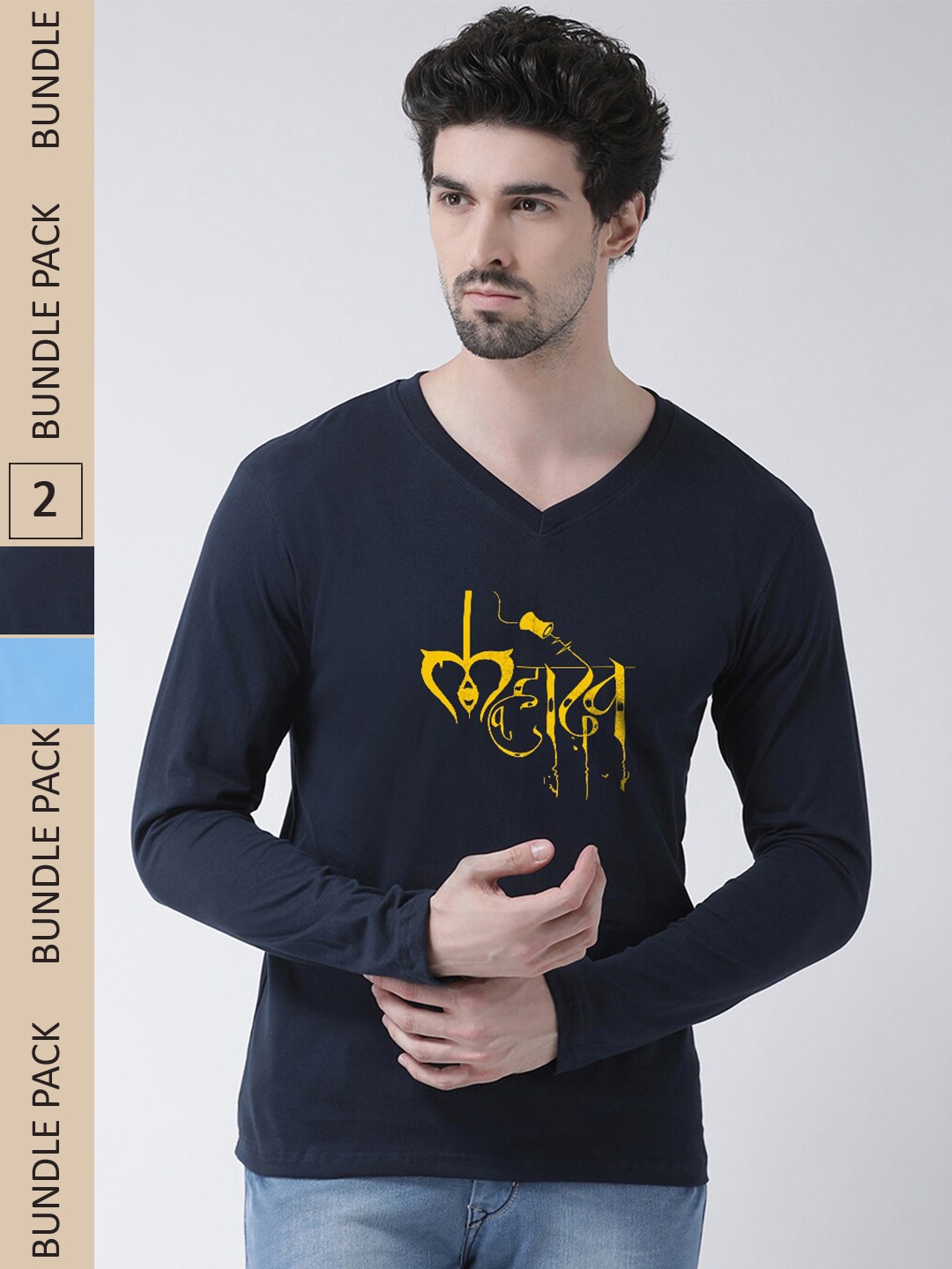 

Friskers Pack Of 2 Typography Printed V-Neck Pure Cotton T-shirt, Navy blue