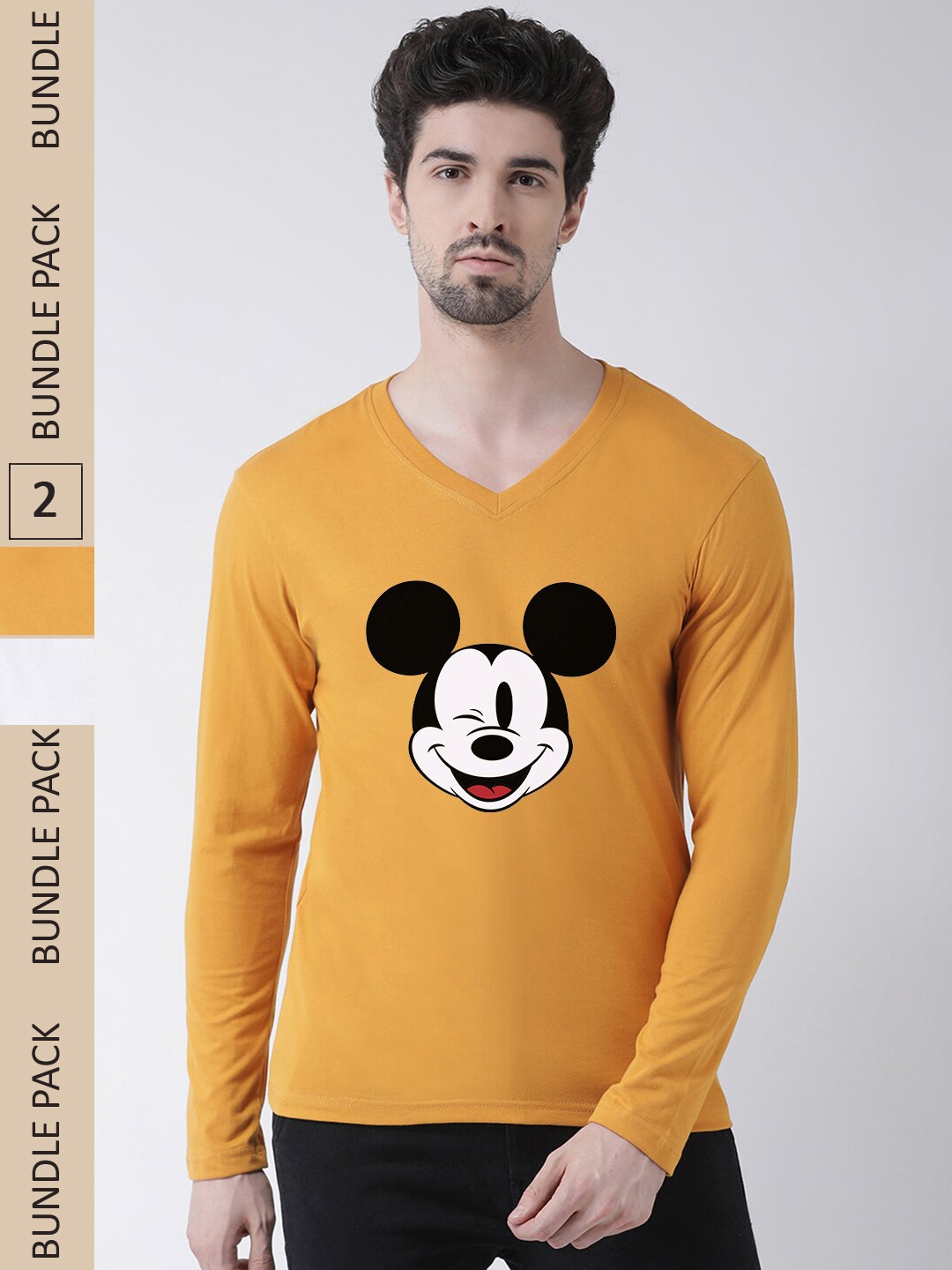 

Friskers Humour And Comic Mickey Mouse Printed Pack Of 2 Slim Fit Pure Cotton T-Shirts, Gold