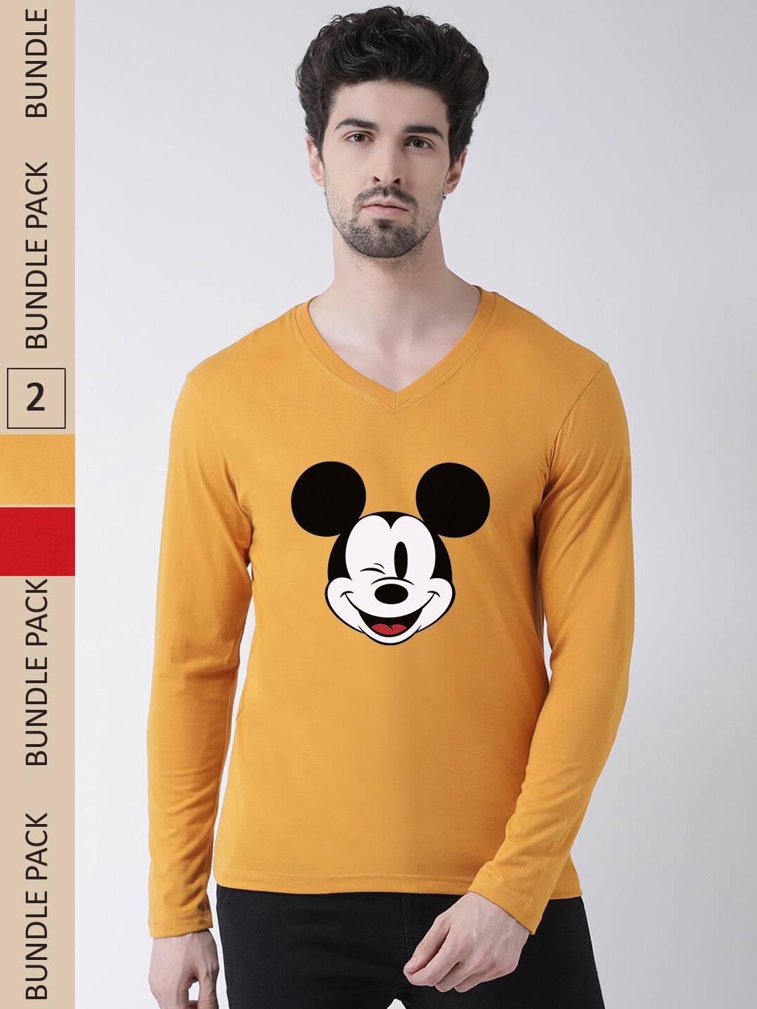 

Friskers Pack Of 2 Mickey Mouse Printed V-Neck Long Sleeves Cotton T-shirt, Gold