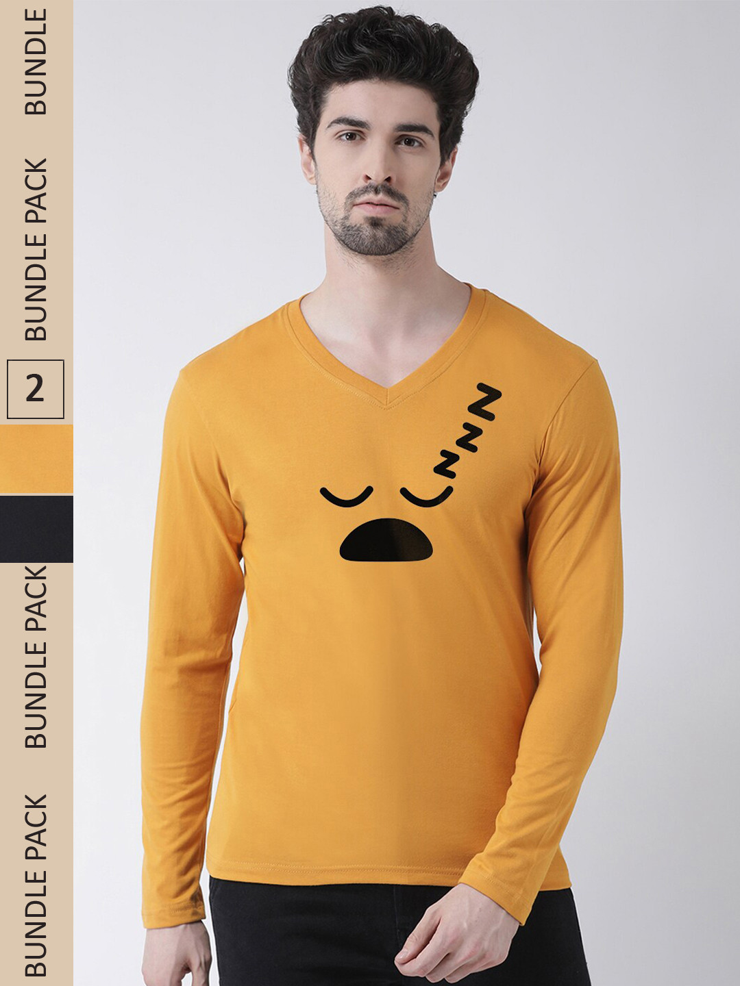 

Friskers Pack Of 2 Typography Printed V-Neck Pure Cotton T-shirt, Mustard