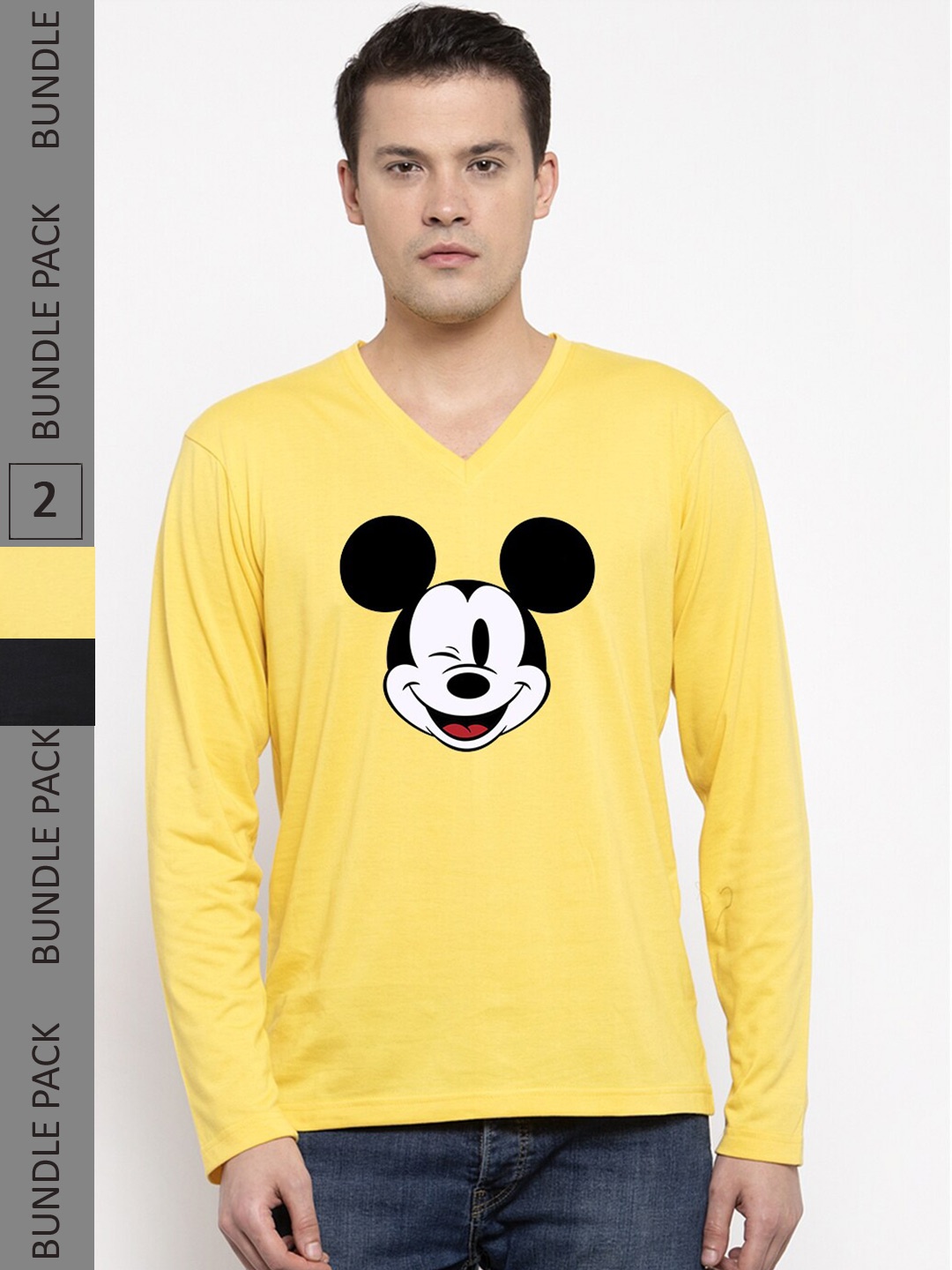 

Friskers Pack Of 2 Graphic Printed V-Neck Long Sleeves Pure Cotton T-shirt, Yellow