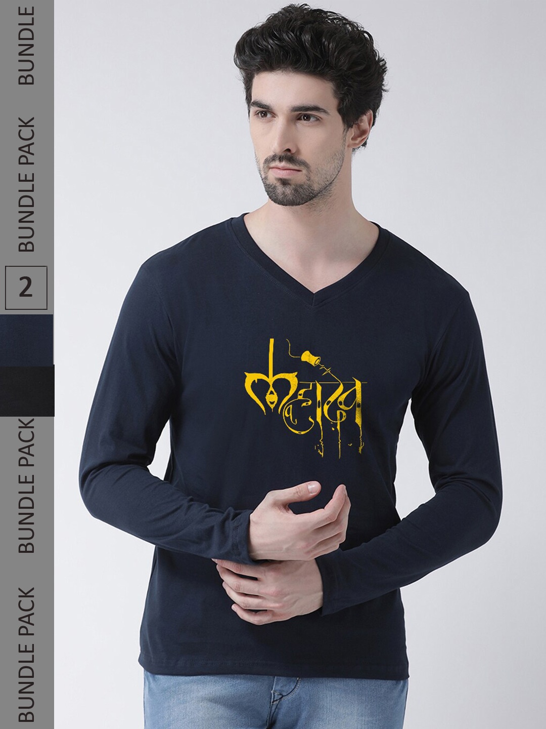 

Friskers Pack Of 2 Typography Printed V-Neck Pure Cotton T-shirt, Navy blue