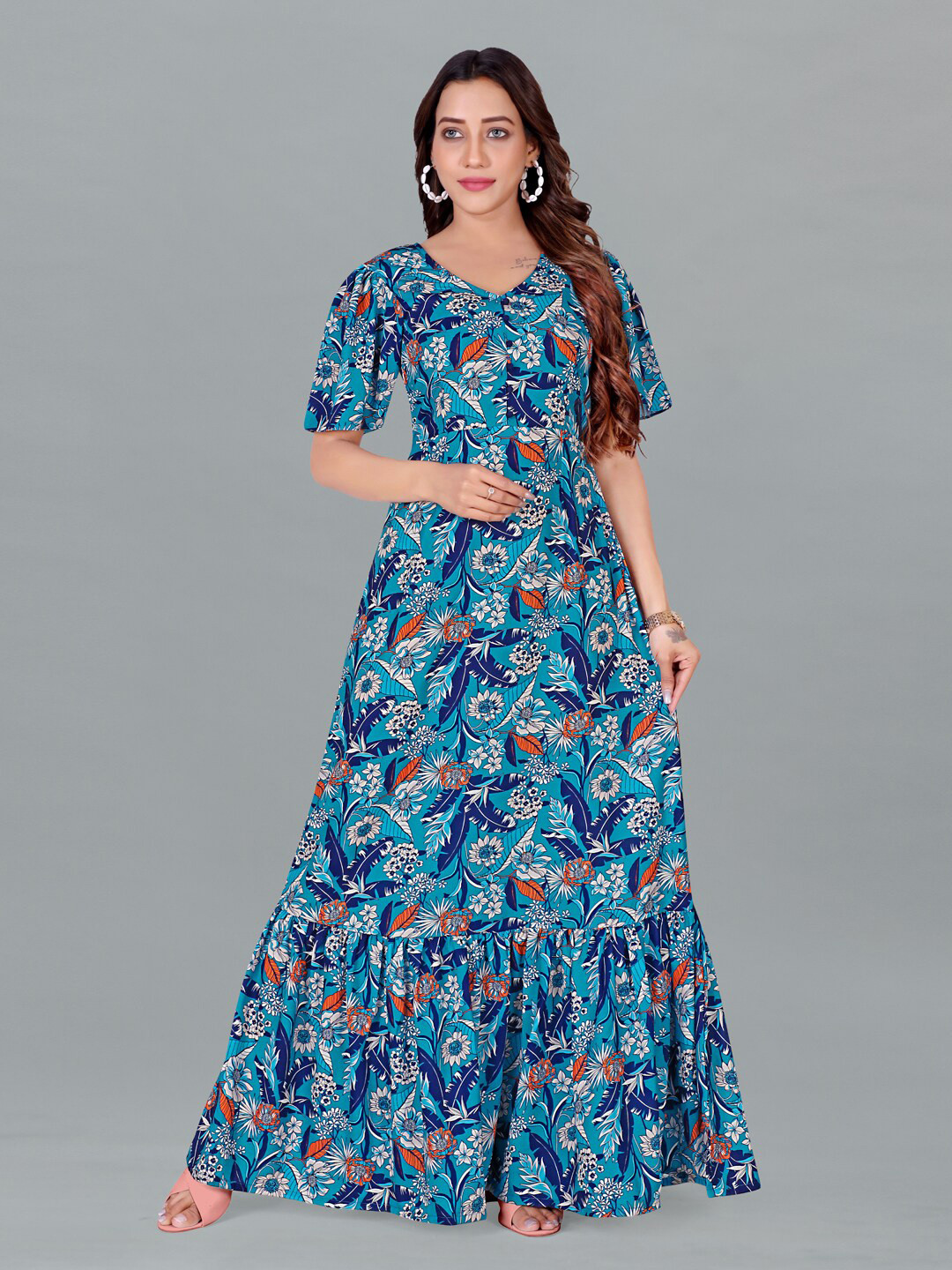 

FASHION DREAM Floral Print Flared Sleeve Ruffled Crepe Maxi Dress, Blue