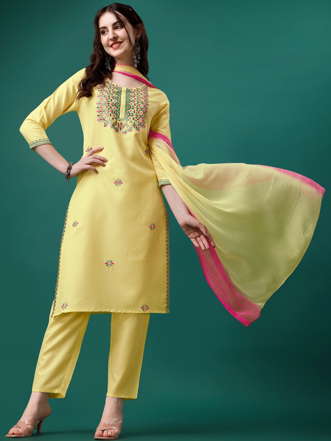 

ASPORA Floral Embroidered Kurta With Trousers & Dupatta, Yellow