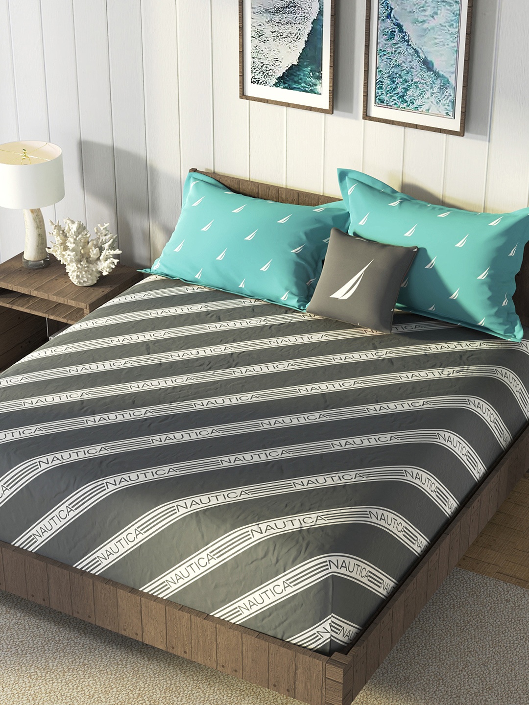 

Nautica Grey & White Striped Cotton160 TC King Bedsheet With 2 Pillow Covers
