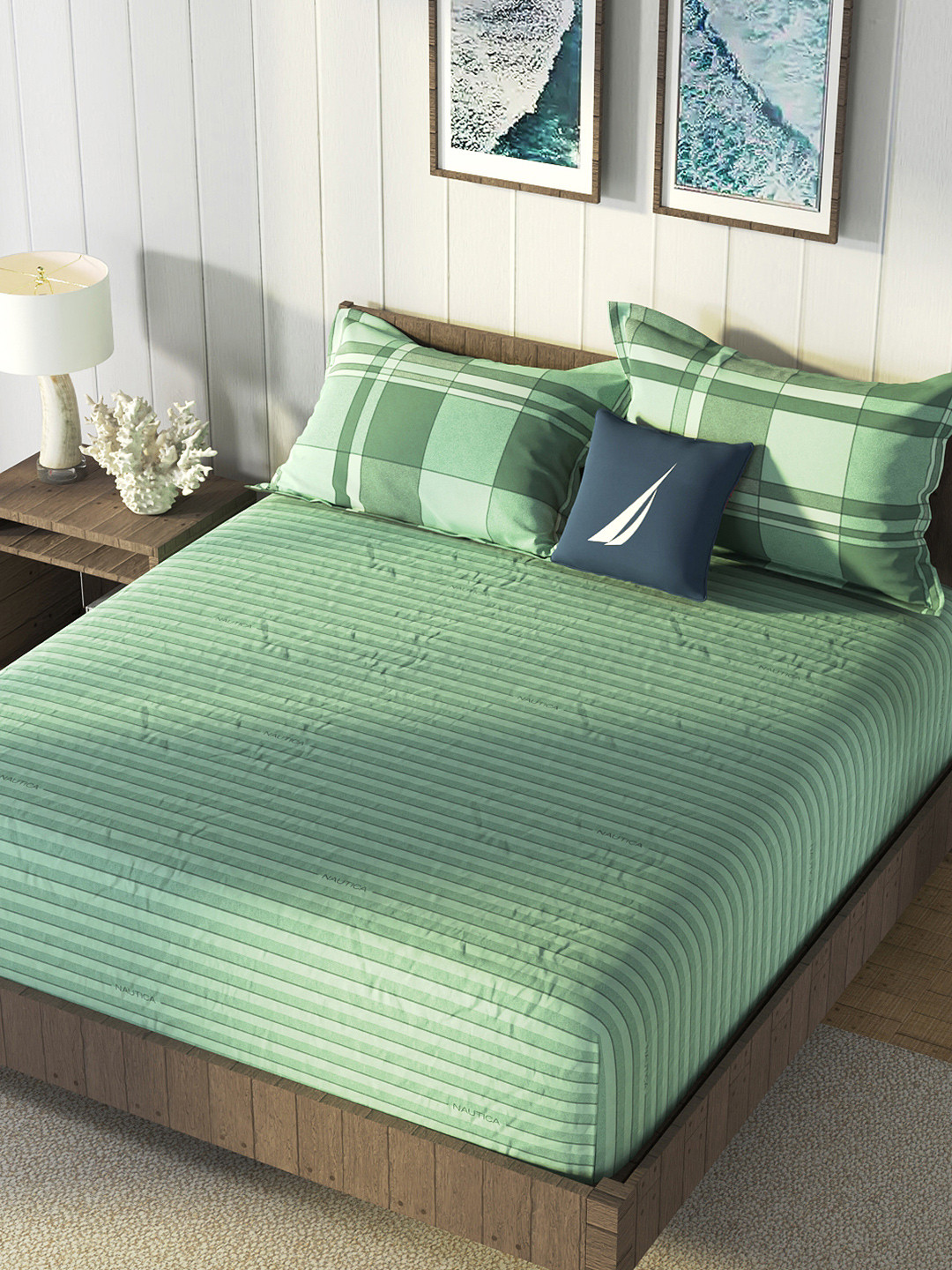 

Nautica Green & Grey Striped Cotton 160 TC King Bedsheet With 2 Pillow Covers