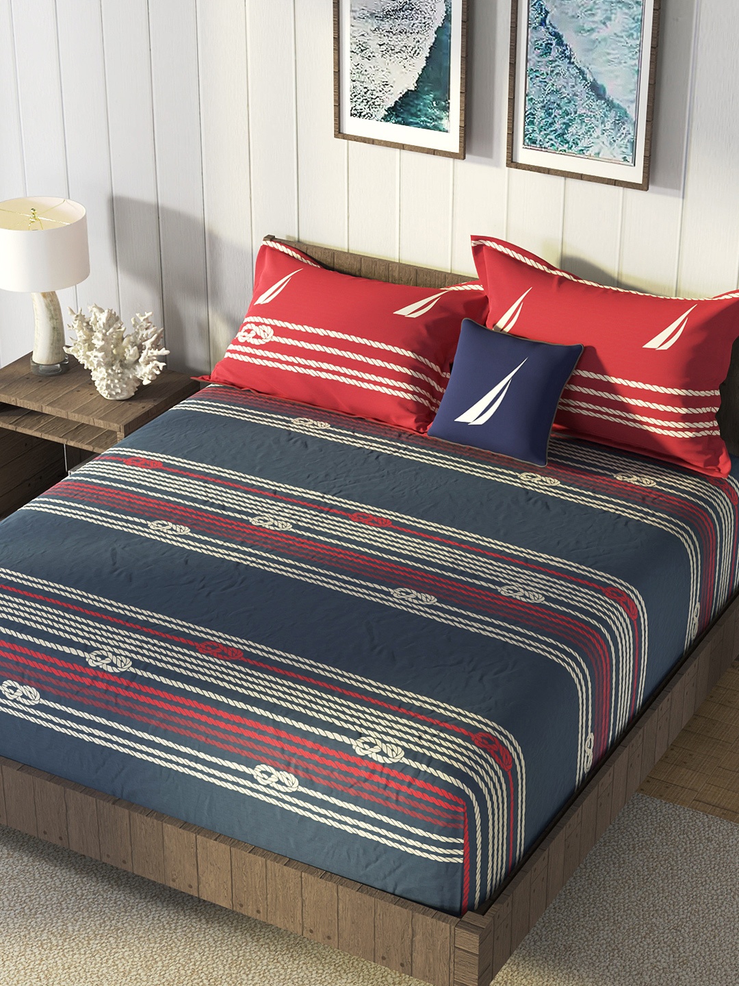 

Nautica Red & Blue Striped Cotton 160 TC King Bedsheet With 2 Pillow Covers