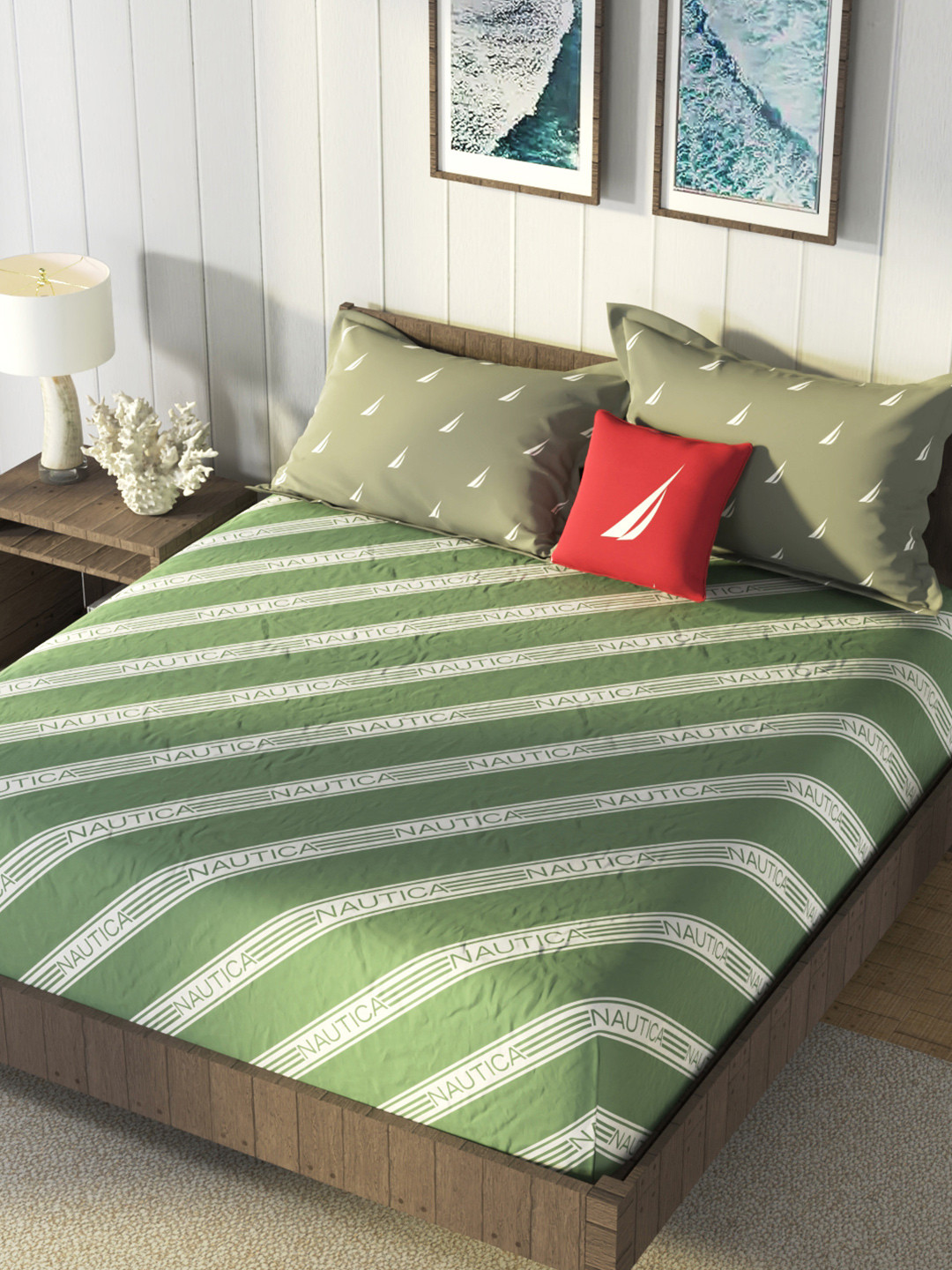 

Nautica Green & White Striped Cotton 160 TC King Bedsheet With 2 Pillow Covers