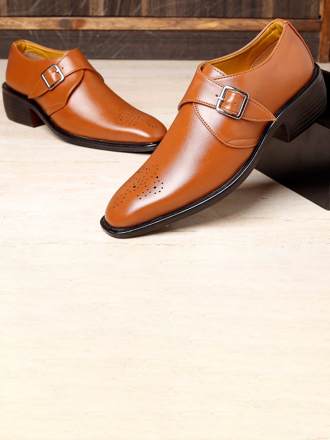 

Bxxy Men Perforated Heeled Formal Monk Elevator Shoes, Tan
