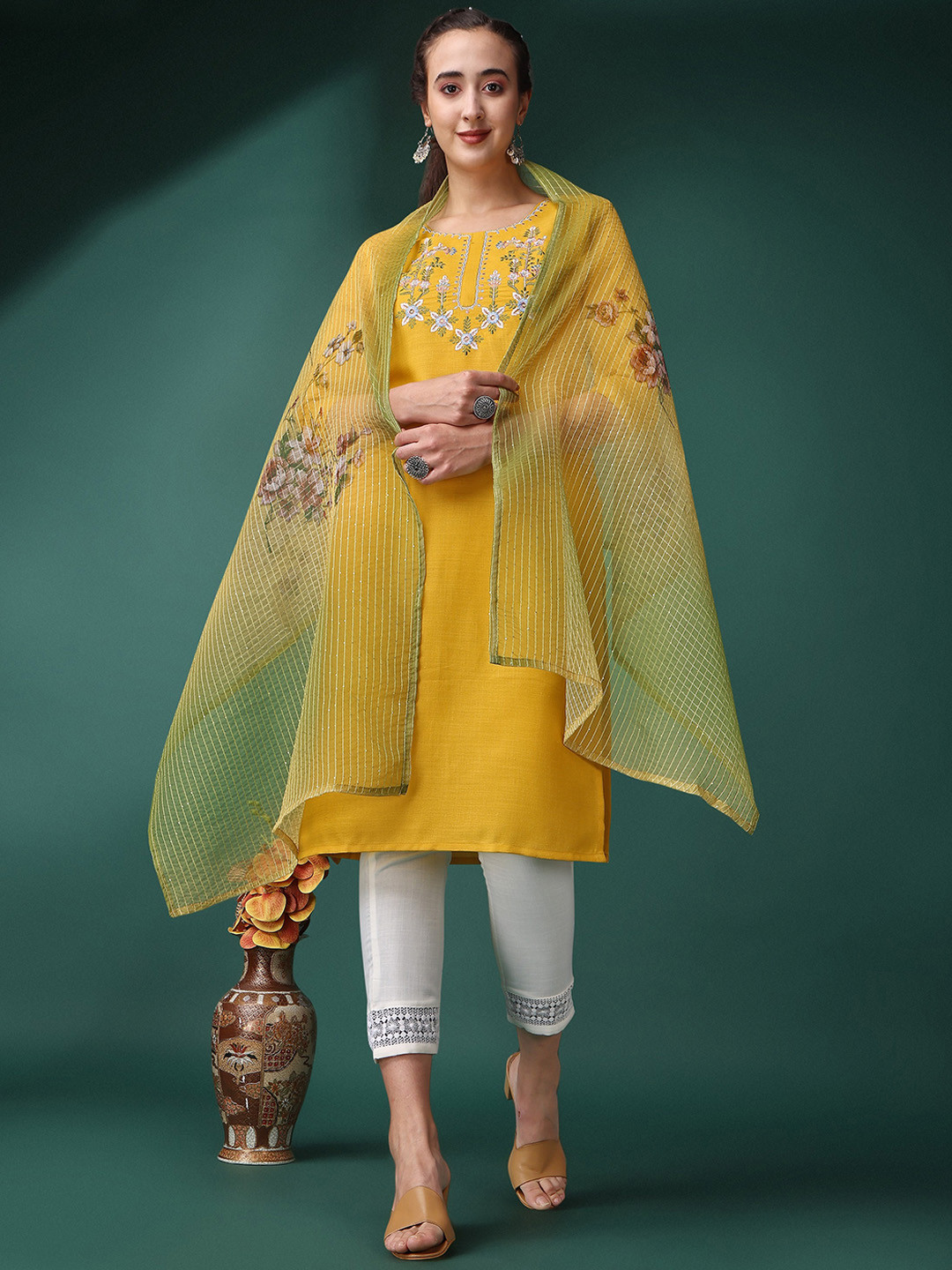 

ASPORA Floral Embroidered Yoke Design Kurta With Trousers & Dupatta, Yellow