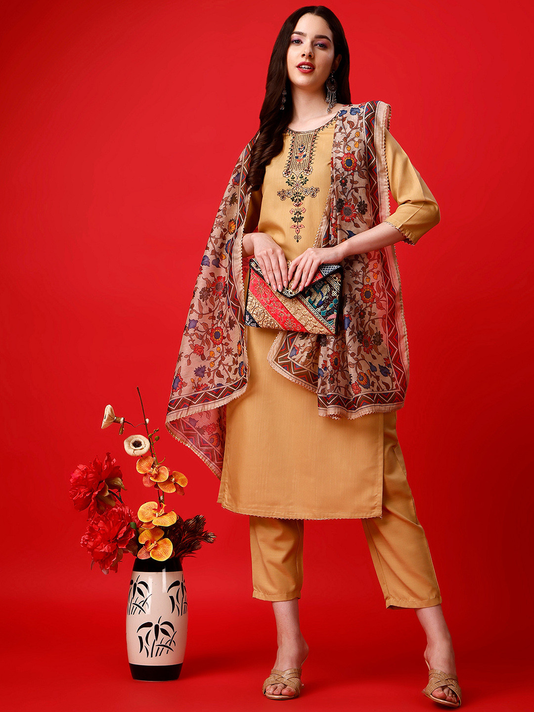 

ASPORA Floral Yoke Design Thread Work Kurta With Trousers & Dupatta, Beige