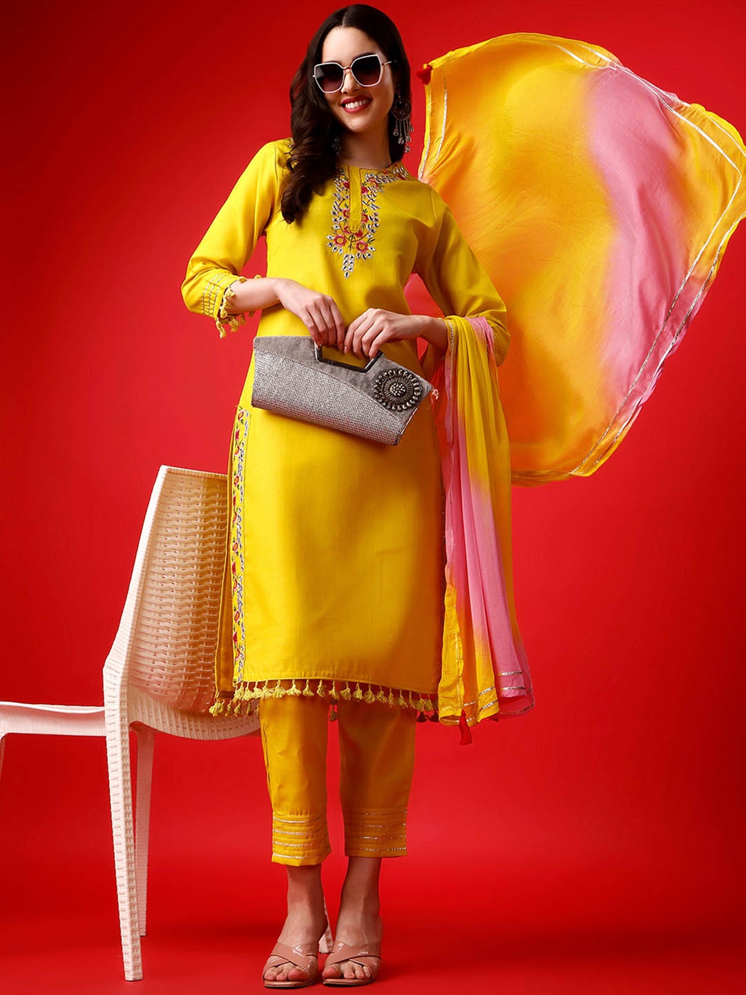 

ASPORA Floral Yoke Design Regular Mirror Work Kurta with Trousers & With Dupatta, Yellow
