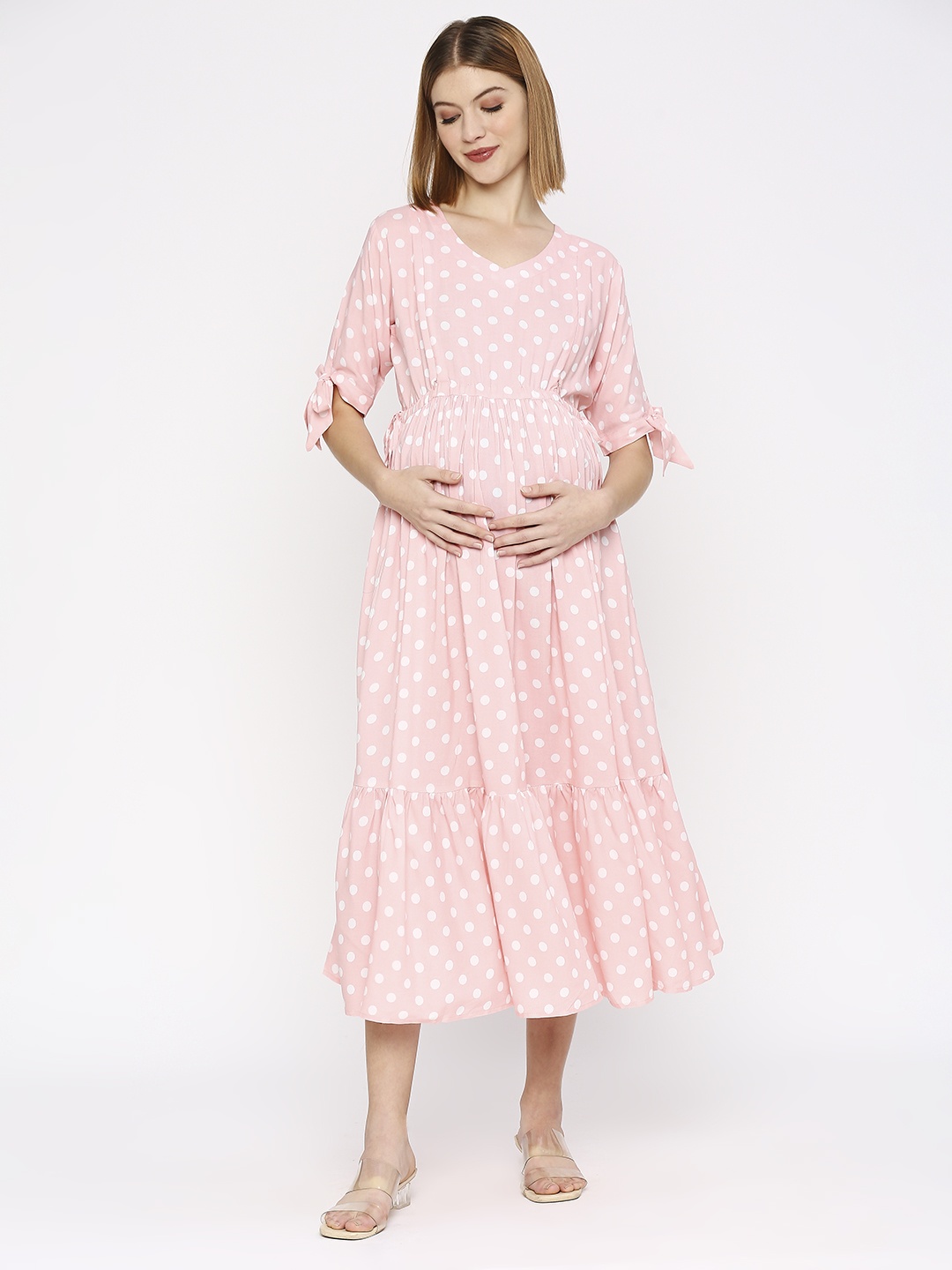 

MeeMee Polka Dot Printed Fit & Flare Cotton Maternity Dress, Pink