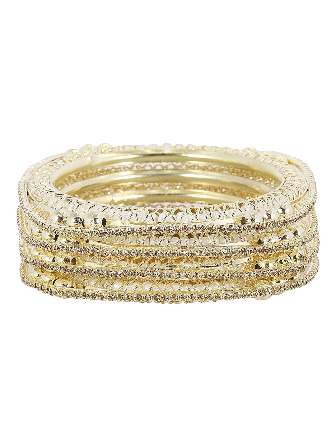 

NMII 4-Pcs Gold-Plated Zircon & Pearls Studded Antique Kada Bangles