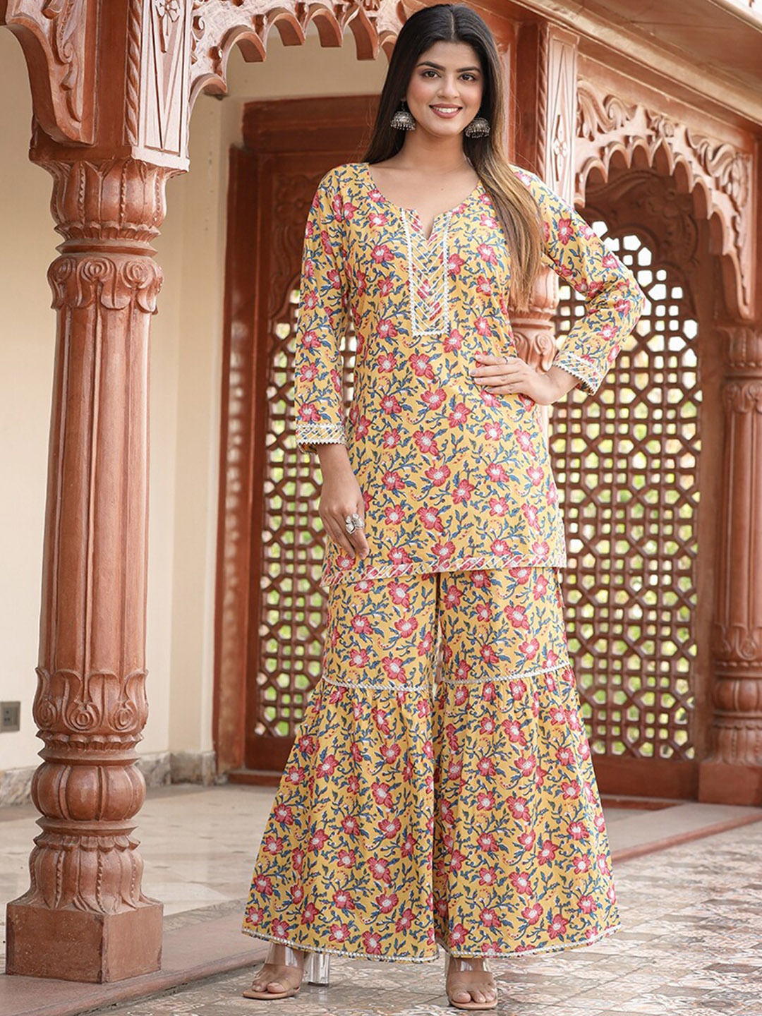 

KAAJH Floral Printed Gotta Patti Pure Cotton Kurta with Sharara, Mustard