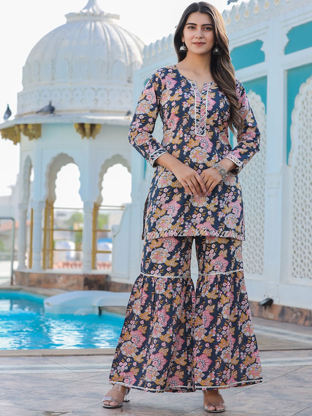 

KAAJH Floral Printed Pure Cotton Kurta With Sharara, Blue