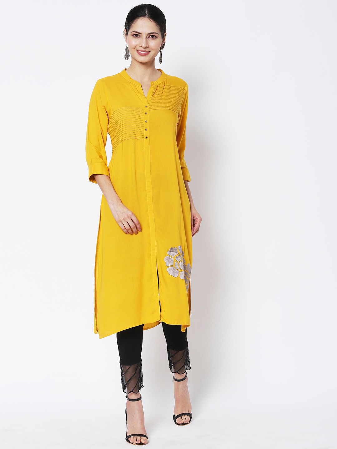 

Vedic Floral Embroidered Mandarin Collar A-Line Kurta, Mustard