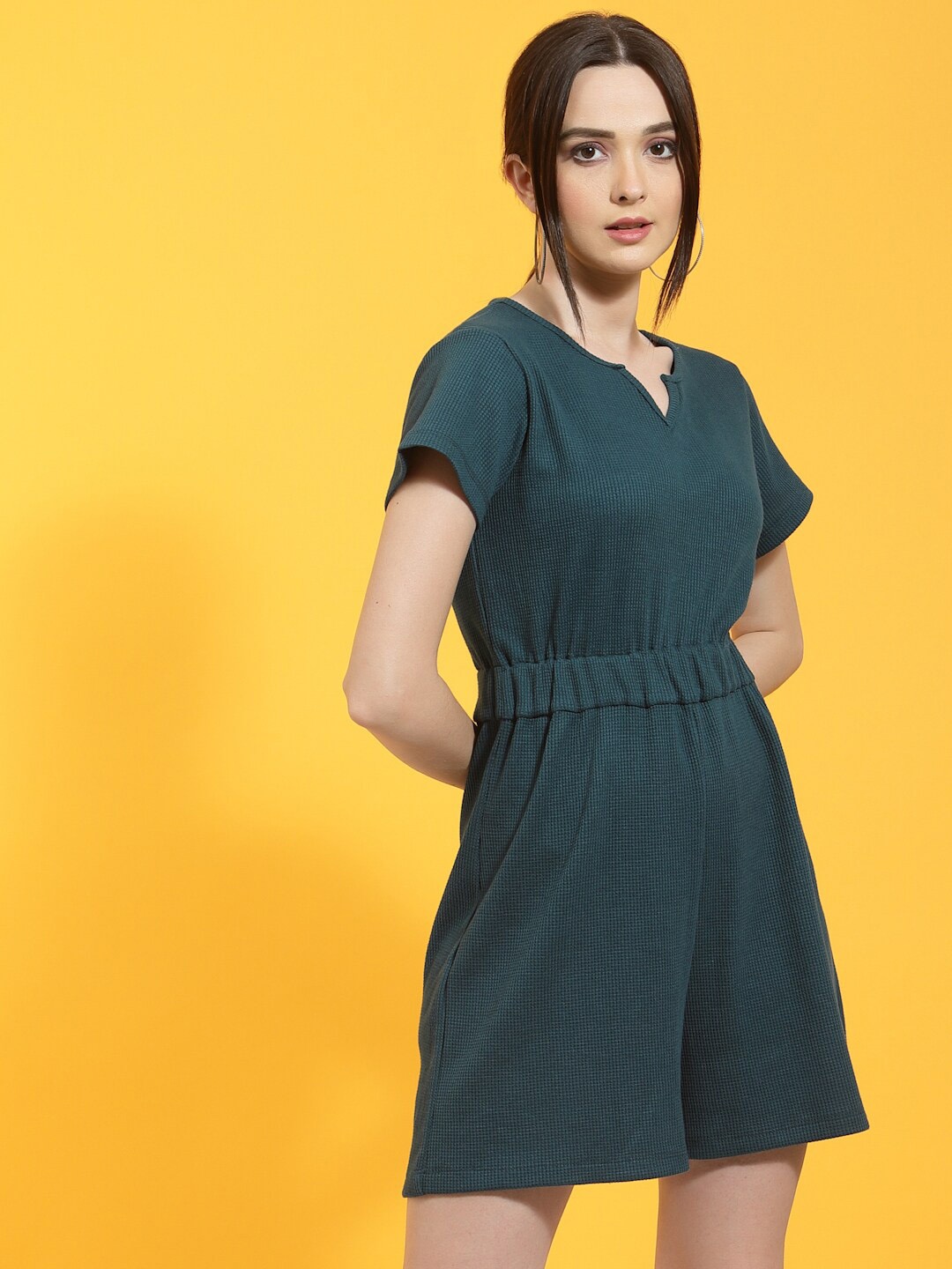 

Rigo Crew Neck Short Sleeves Cotton Waffle Textured Jumpsuit, Green
