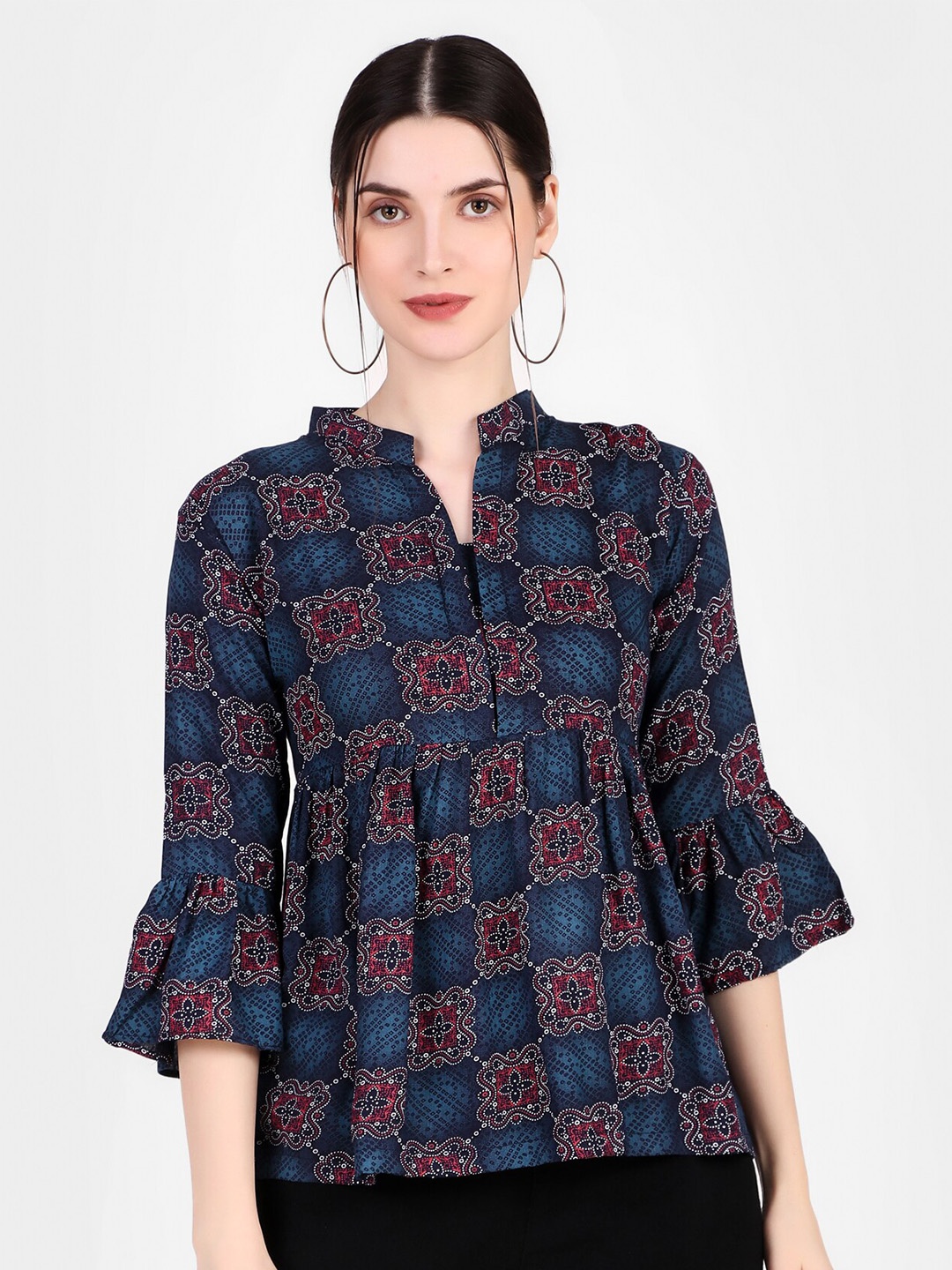 

FNOCKS Printed Cotton Mandarin Collar Bell Sleeve Peplum Top, Navy blue