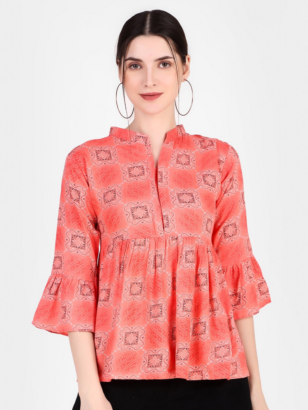 

FNOCKS Printed Cotton Mandarin Collar Bell Sleeve Peplum Top, Red