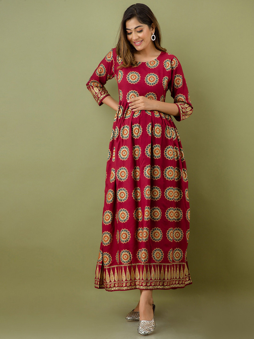 

Mialo fashion Women Floral Printed Maternity Empire Maxi Ethnic Dresses, Maroon