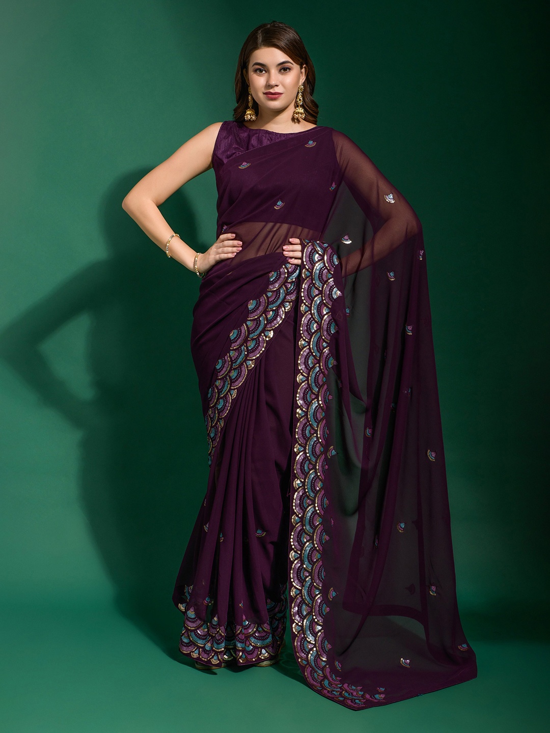 

Globon Impex Floral Embroidered Pure Georgette Saree, Purple