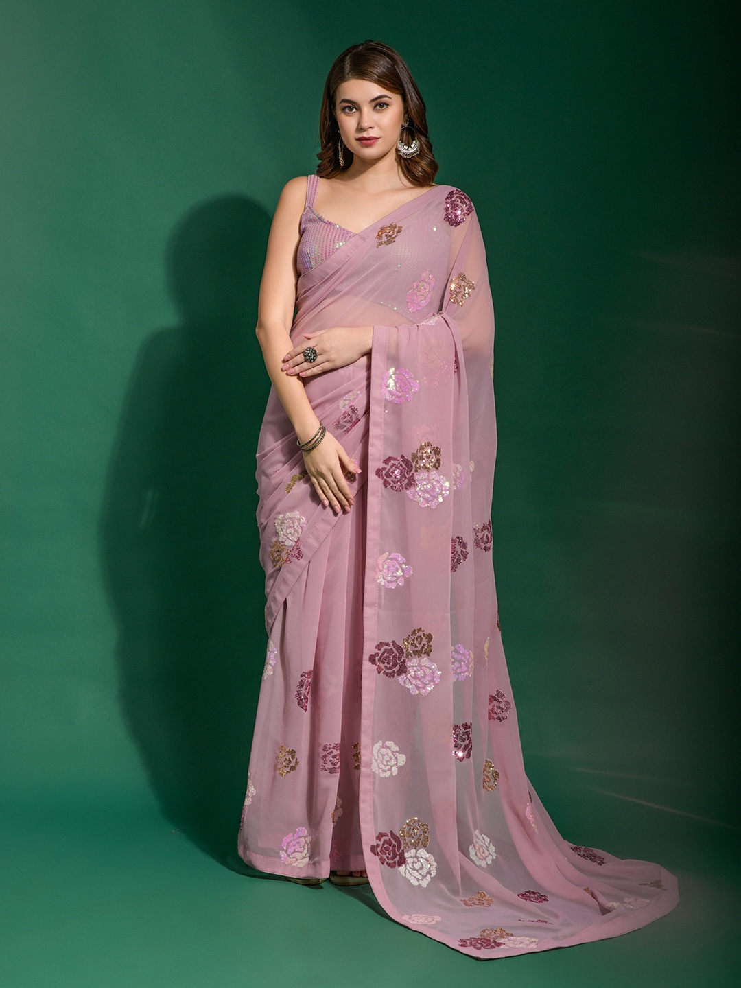 Globon Impex Embellished Pure Georgette Saree, Pink