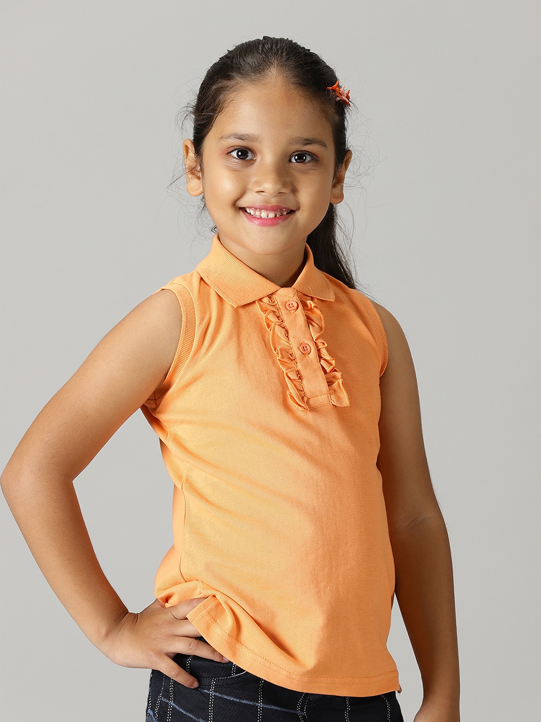 

KiddoPanti Girls Polo Collar Sleeveless Pure Cotton T-shirt, Orange